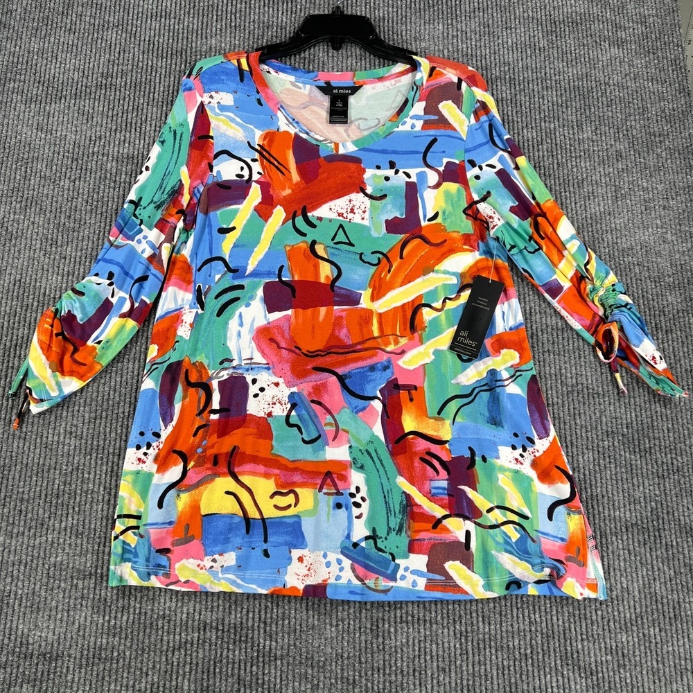 Ali Miles Top Shirt Blouse Womens Small Blue Green Geometric Long Sleeve New